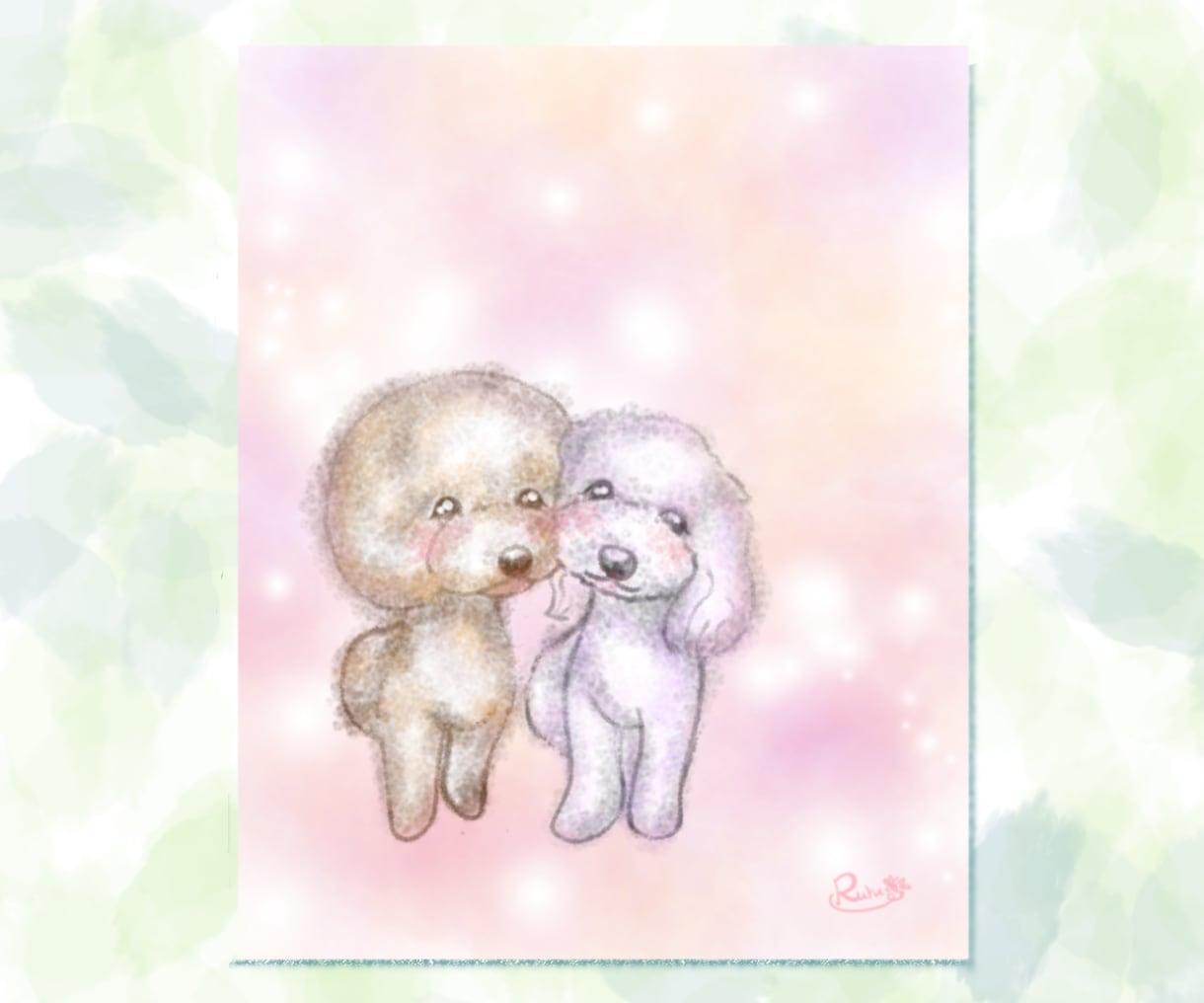 愛するペットちゃんのキラキラ似顔絵をお描きします 柔らかな木漏れ日の中にいる優しい雰囲気の似顔絵をお描きします イメージ1