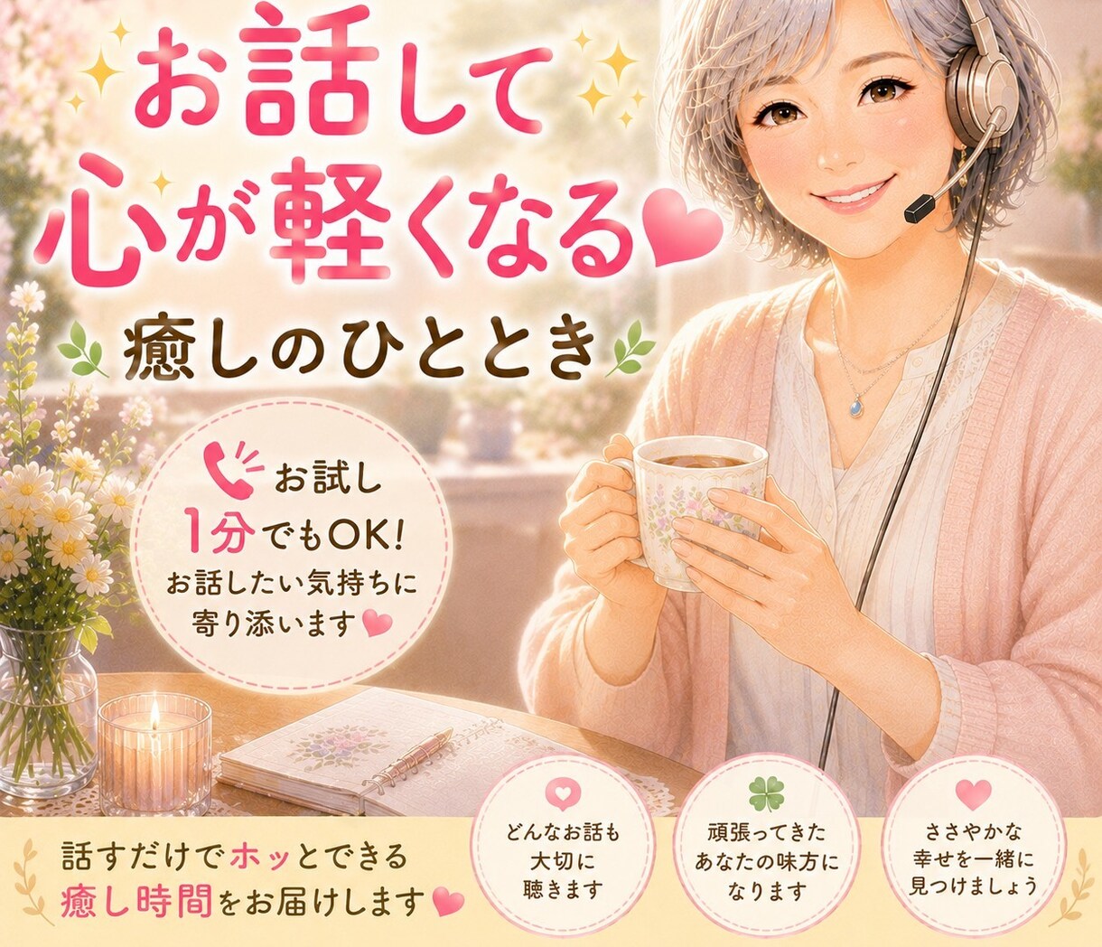 お試し１分でもOK！お話したい気持ちに寄り添います 主婦歴46年お話する事でほっとできる癒し時間をお届けします！ イメージ3