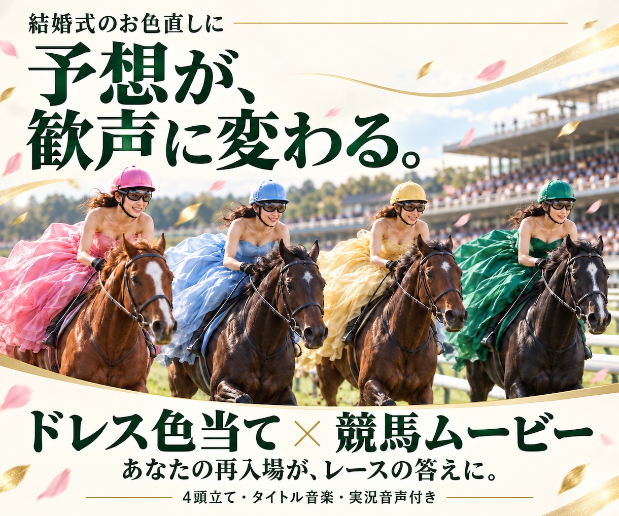 結婚式のドレス色当てを競馬風動画で盛り上げます 予想が、歓声に変わる。お色直しを実況付きレースで イメージ1