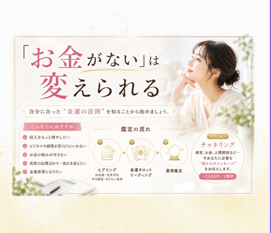 金運上昇に特化☆あなたの望む未来にグッと近づけます タロット鑑定後に霊視鑑定 金運上昇へ導く 臨時収入 引き寄せ イメージ2