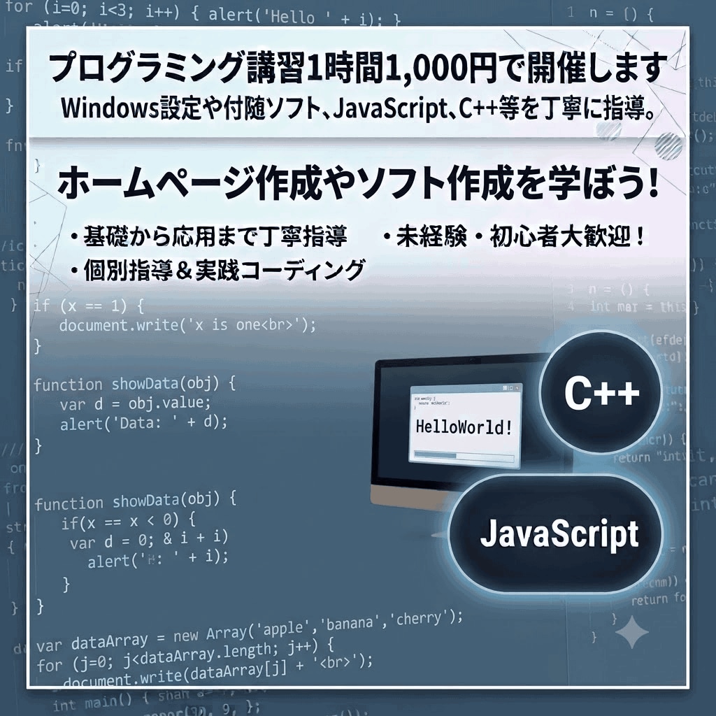 プログラミング講習1時間1,000円で開催します Windows設定や付随ソフトJavaScript,C++等 イメージ1