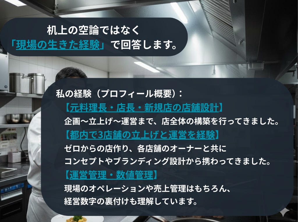 元料理長・店長があなたの店舗運営をサポートします 複数店舗の立上げ・運営管理経験者が、どんな悩みにも真摯に対応 イメージ3
