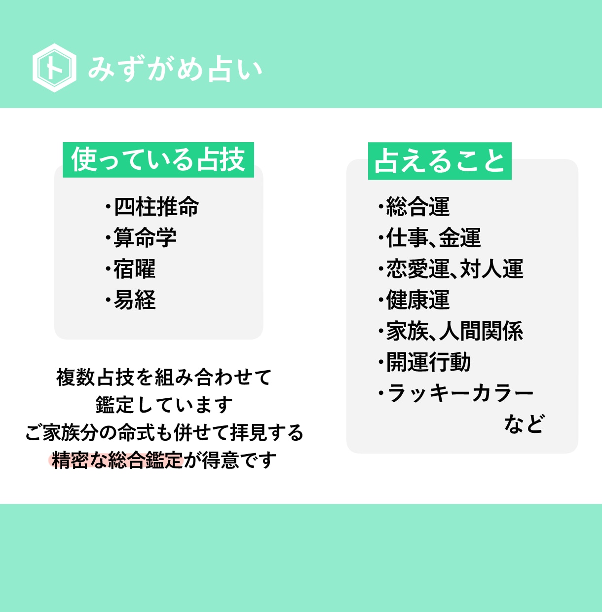 東洋占技を組み合わせあなたの運気を精密鑑定します ご家族の命式も併せて拝見。なんでもご相談ください。 イメージ2