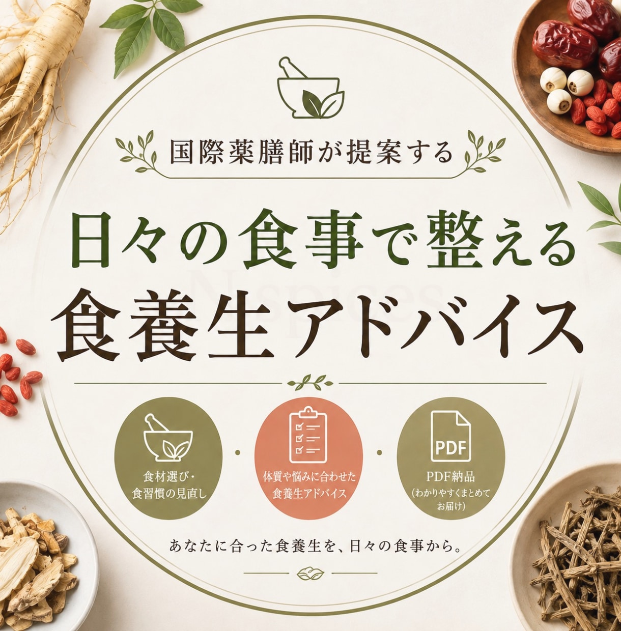 国際薬膳師提案 あなた専用の食養生アドバイスします 国際薬膳師があなたに合う食養生と体質改善法を丁寧にアドバイス イメージ2