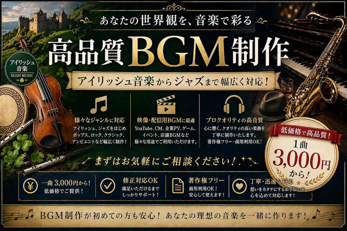 費用抑えたい方必見プロ級bgm作ります アイリッシュ音楽からジャズまで幅広く対応いたします イメージ1