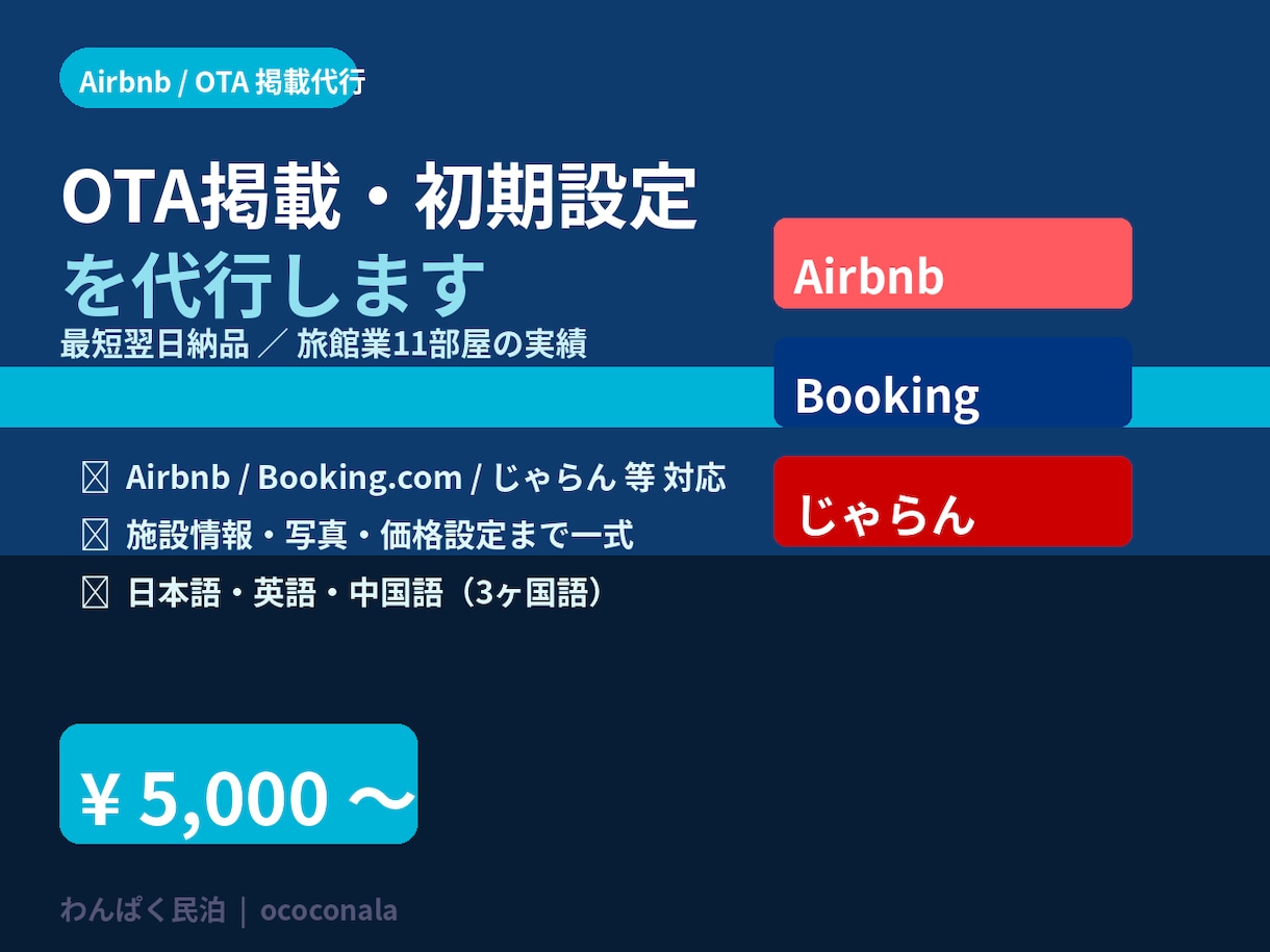 Airbnb・OTA掲載初期設定を代行します 最短翌日納品｜旅館業実績あり安心の掲載代行 イメージ1