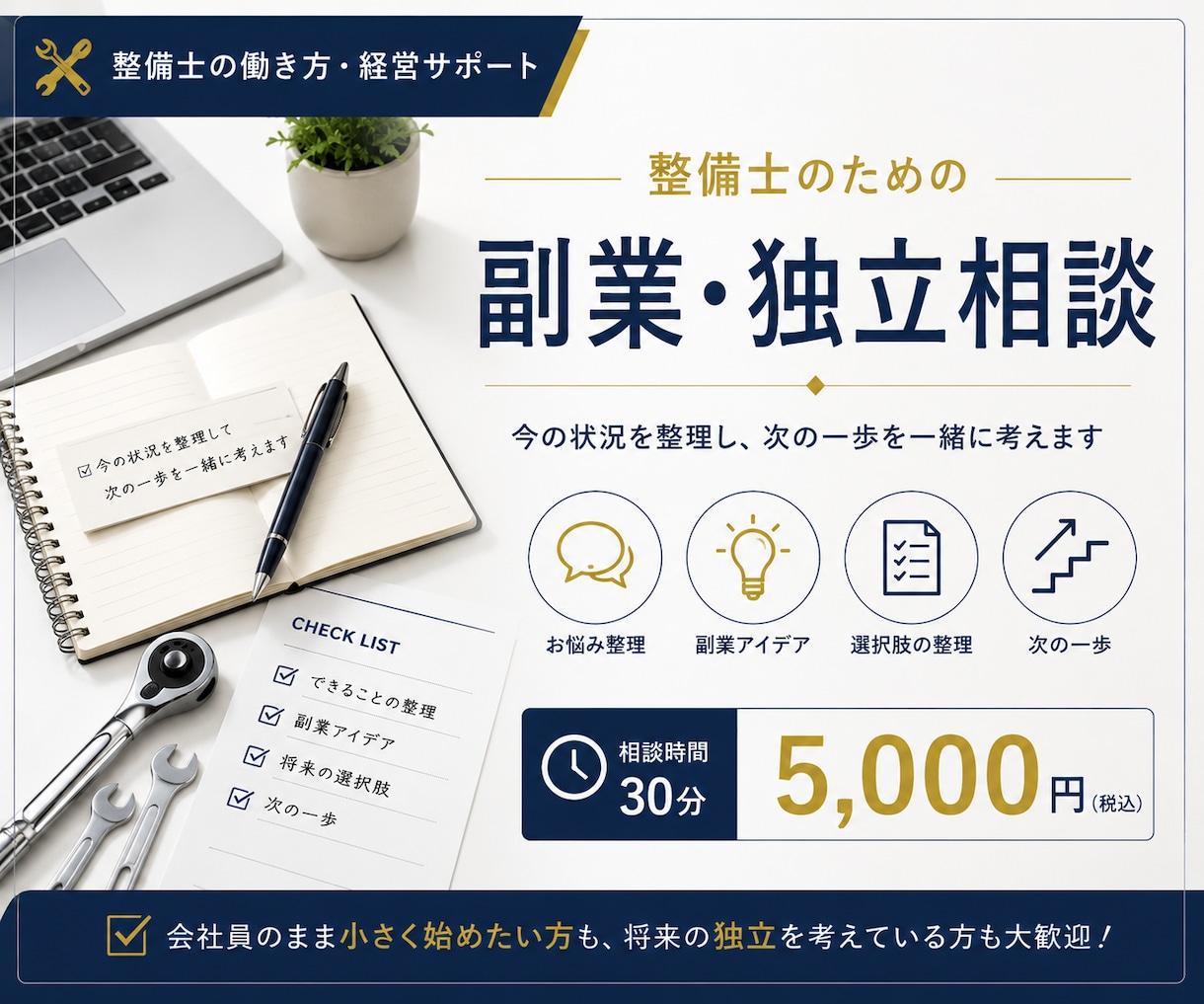 整備士の独立・開業相談に乗ります 元整備士の経営者が、独立前の不安や疑問を一緒に整理します。 イメージ1