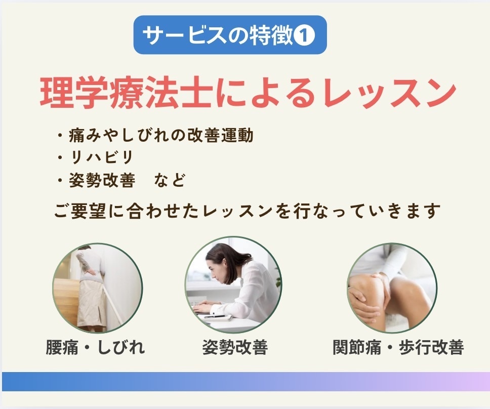 理学療法士があなた専用の運動レッスンを行います リハビリ/痛み改善/姿勢改善/個別運動/パーソナル行います イメージ2