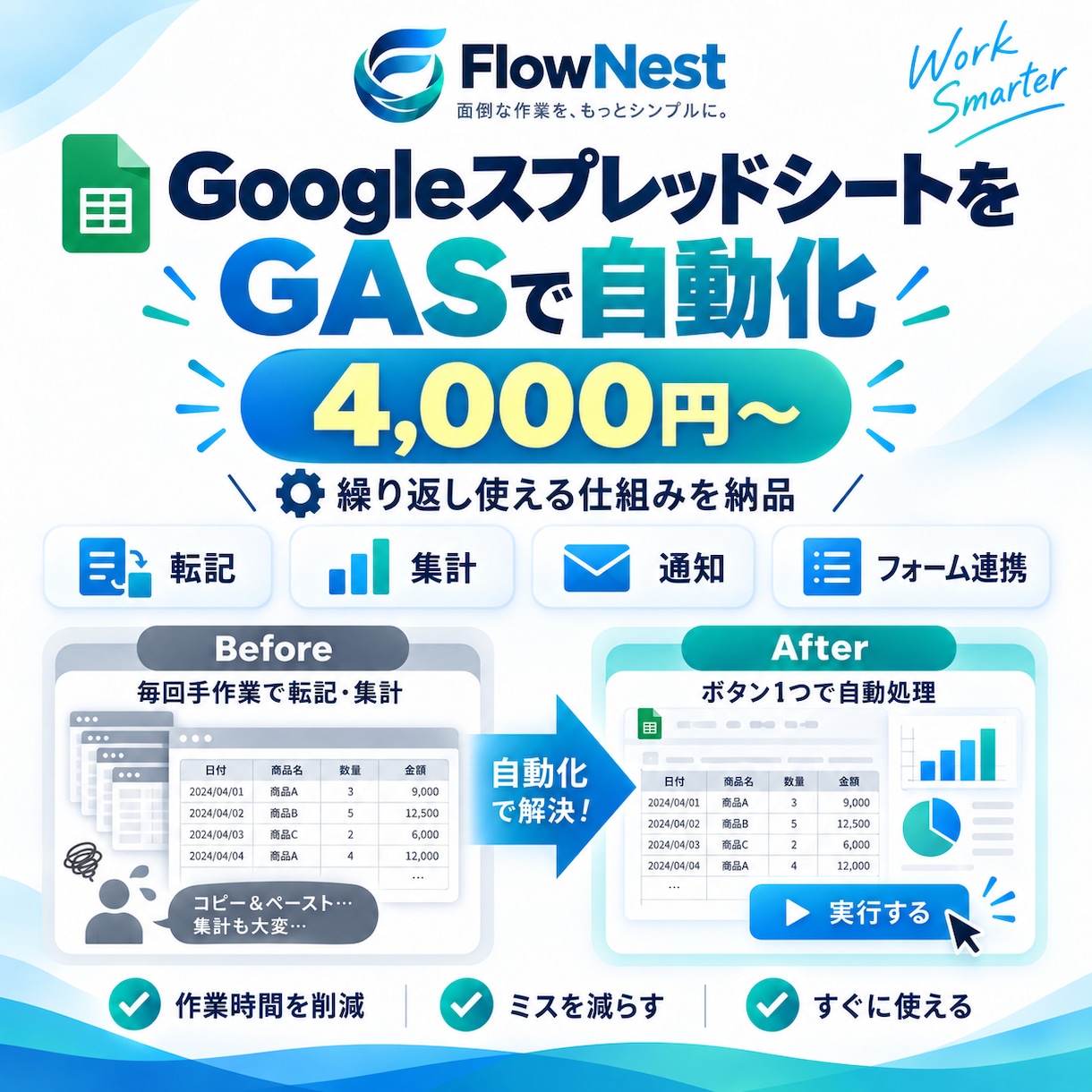 スプレッドシートの作業をGASで自動化します 転記・集計・通知などの繰り返し作業を効率化 イメージ1