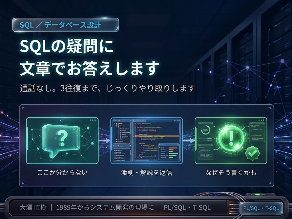 SQL・DB設計の疑問に文章でお答えしますます 現役ベテラン技術者が3往復までテキストで回答します イメージ1