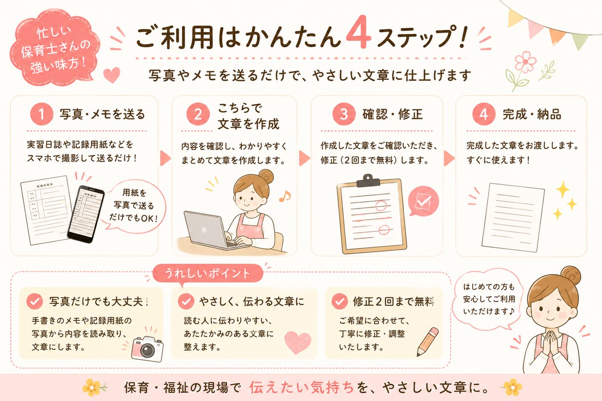 保育士さんの書類・文章作成をお手伝いします メモや写真から保育の文章を一緒に整えます イメージ3
