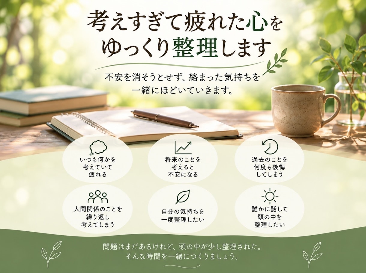 誰にも言えないモヤモヤをじっくりお聴きします まとまっていなくても大丈夫。否定せず急かさずそのまま聴きます イメージ1