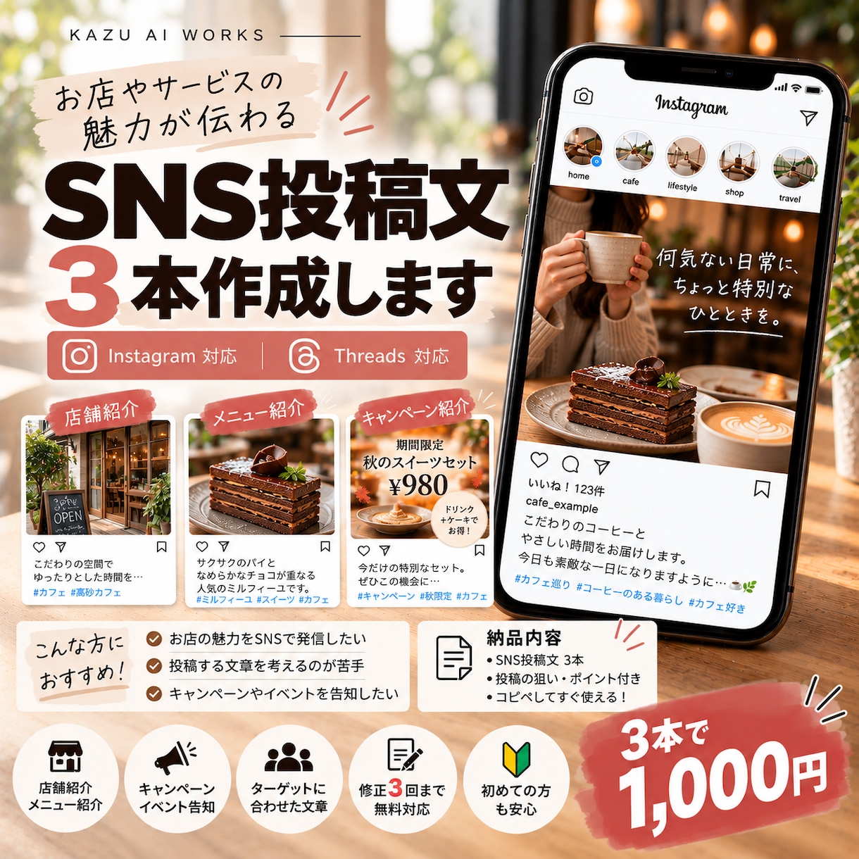SNSの投稿文を3本作成します Instagram・Threadsの投稿文を作成します イメージ1