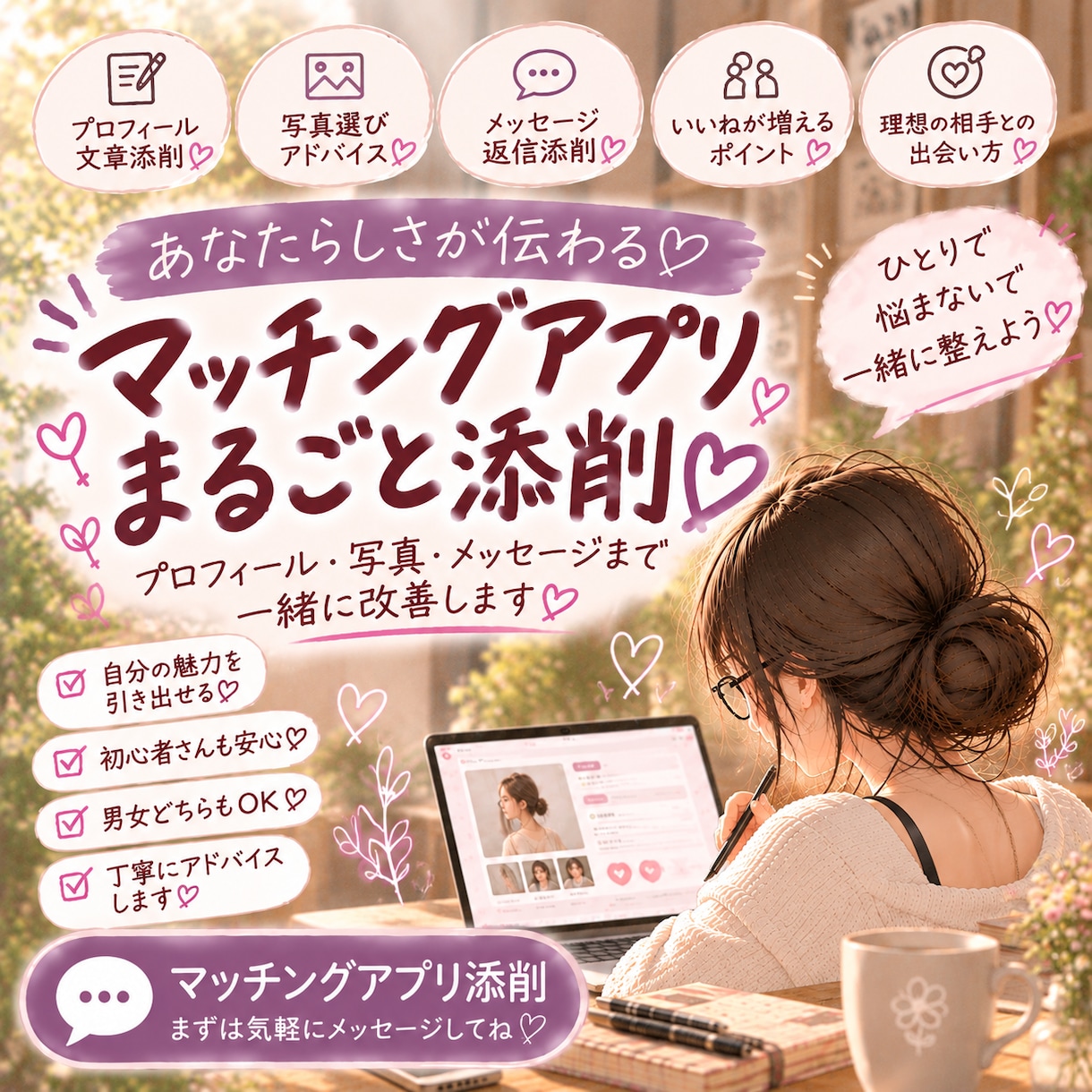 マッチングアプリのプロフ・写真・返信を添削します 結婚相談所勤務経験者によるマッチングアプリまるごとサポート♡ イメージ1