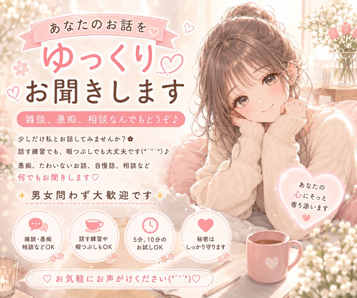 雑談から大人な話まで♡何でもお話します 恋愛も秘密の話も大歓迎♪あなたのペースでどうぞ♡ イメージ1