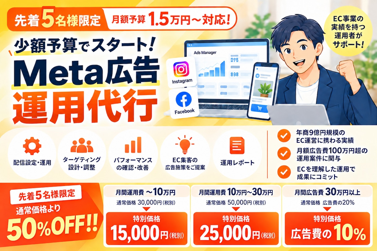少額予算でスタート!｜Meta広告運用代行します 【先着5名様限定】月額予算1.5万円から対応できます！ イメージ1