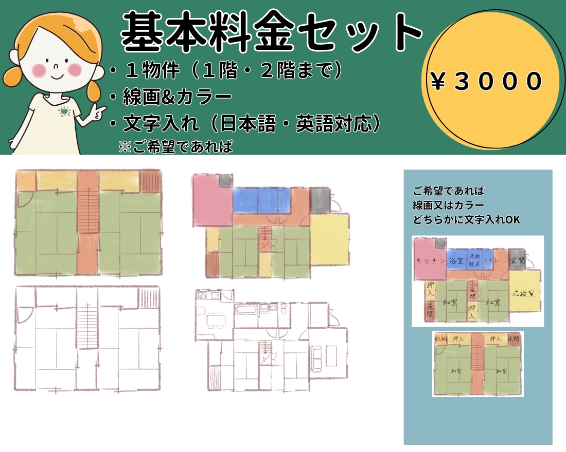 平面図をおしゃれで優しい手書きタッチに仕上げます 【先着５名様限定価格❗️】線画＋カラーセットでお得！ イメージ2