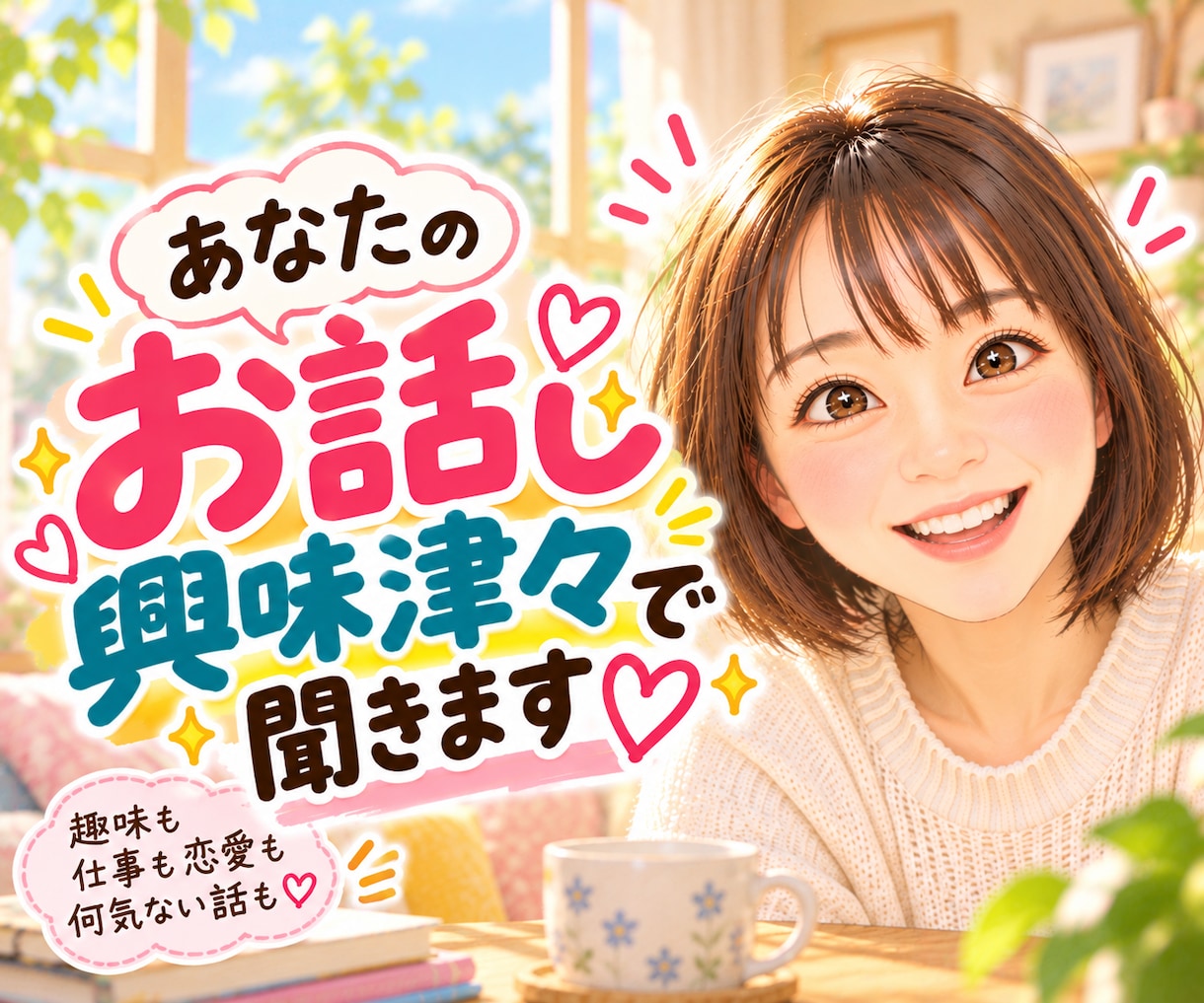 あなたの話を【興味津々で聞く】話し相手になります 趣味・仕事・人生経験・価値観も♡質問しながら楽しく雑談 イメージ1