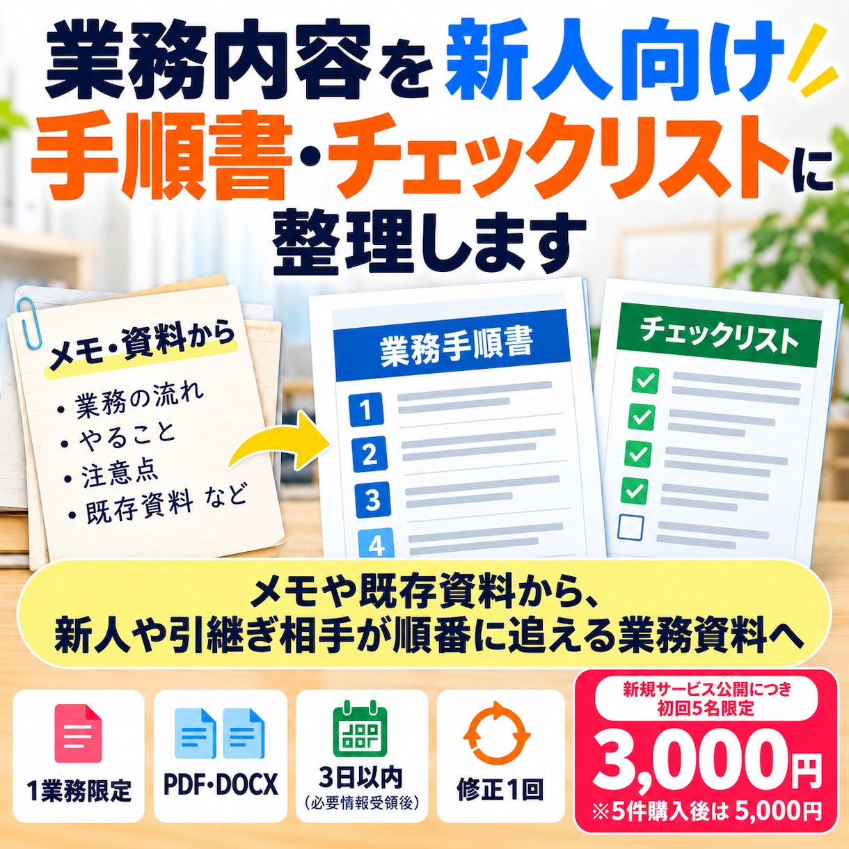 業務内容を新人用手順書・チェックリストに整理します メモや既存資料から、順番に追える業務資料へ イメージ1
