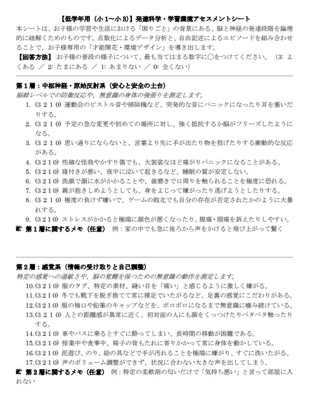 素質科学総合アセスメントシートを作成します 『発達』について「脳・感覚及び気質」をクロス分析 イメージ2