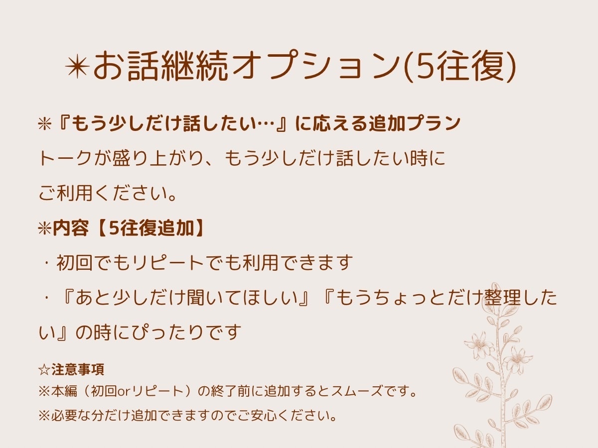 リピーター様専用の心の継続相談を承ります 前回と同じ安心感でじっくりお話できます。 イメージ9
