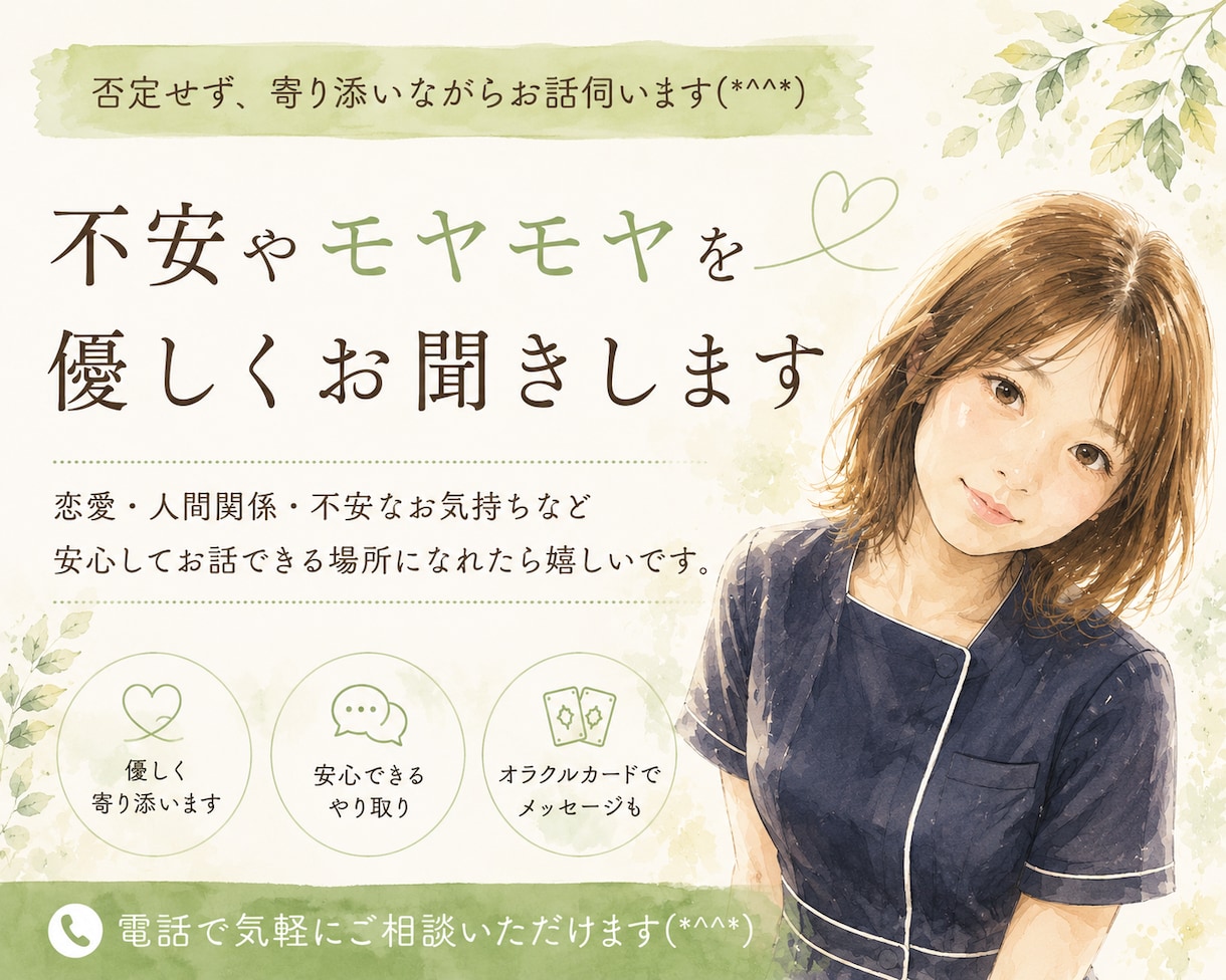 不安やモヤモヤを優しくお聞きします 否定せず寄り添いながらお話伺います(´˘`＊) イメージ1