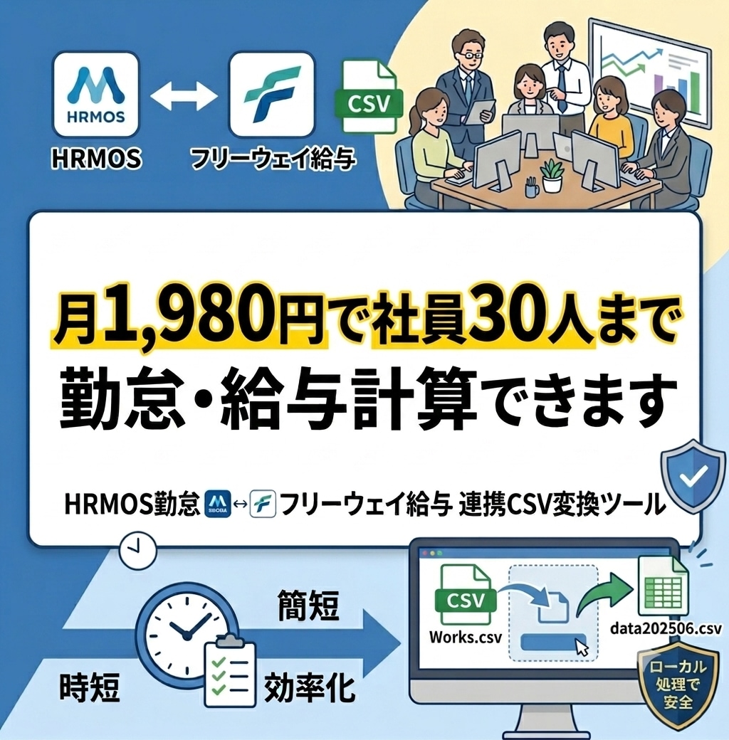 月1,980円で社員30人まで勤怠給与計算できます HRMOS勤怠データをフリーウェイ給与形式へ変換するツール イメージ1