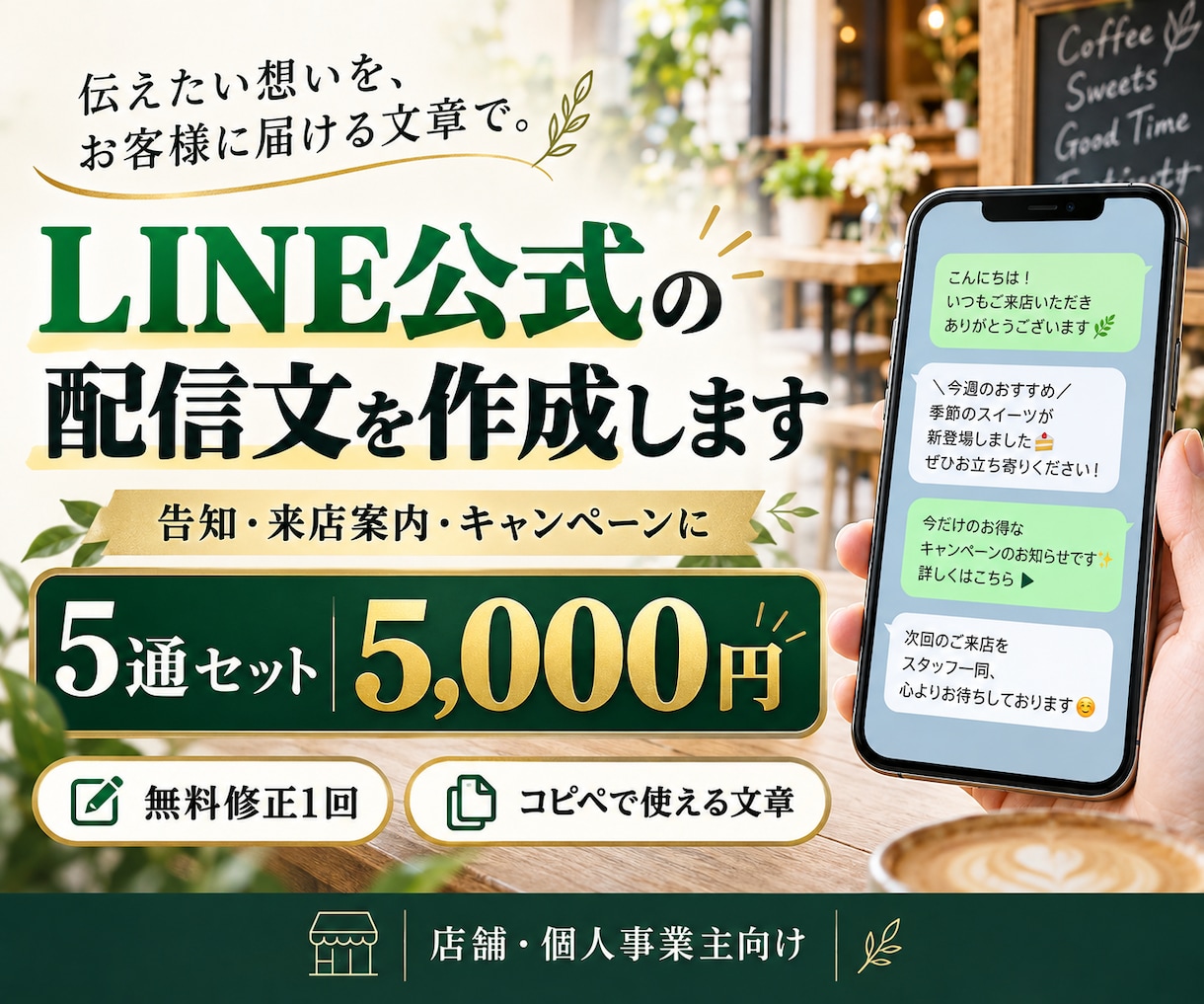 LINE公式の配信文を5通作成します 店舗向け！告知・来店案内をコピペで使える文章に イメージ1