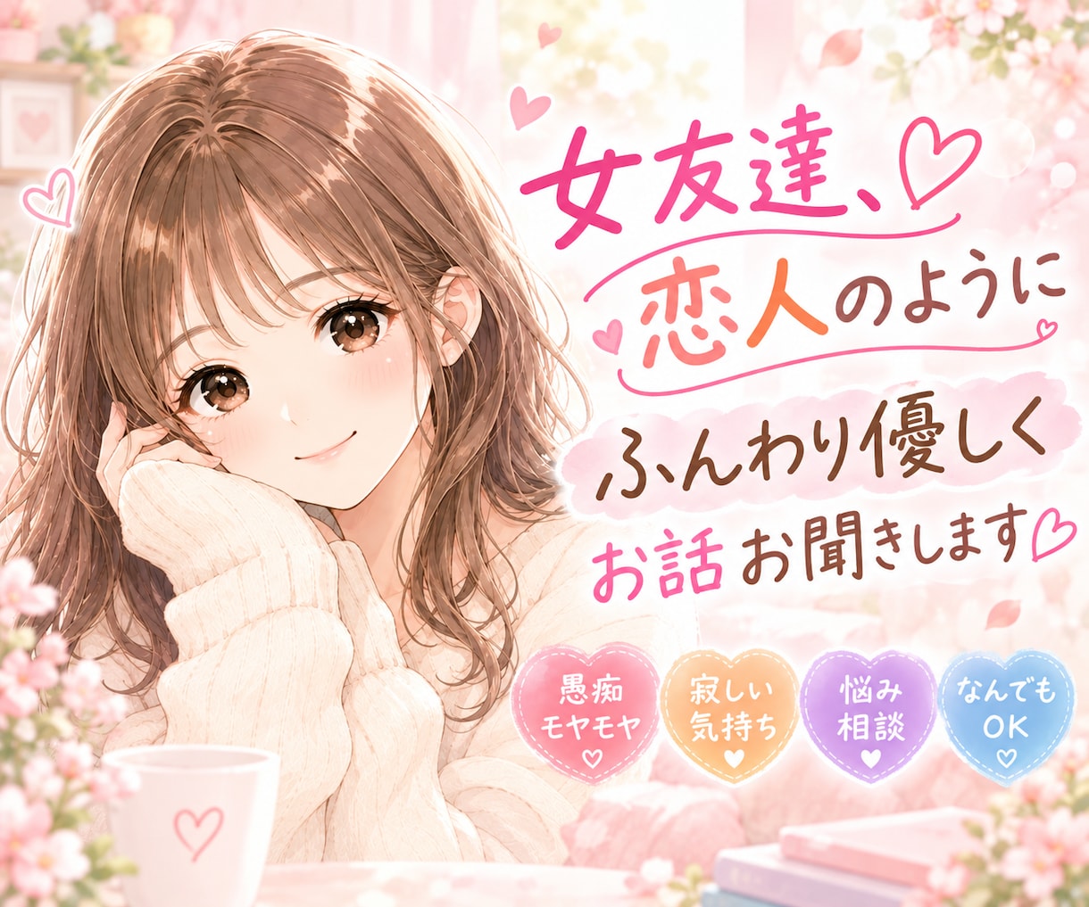 女友達、恋人のようにふんわり優しくお話お聞きします 悩み/恋愛/話し相手/愚痴/雑談/相談/趣味/仕事/人間関係 イメージ1