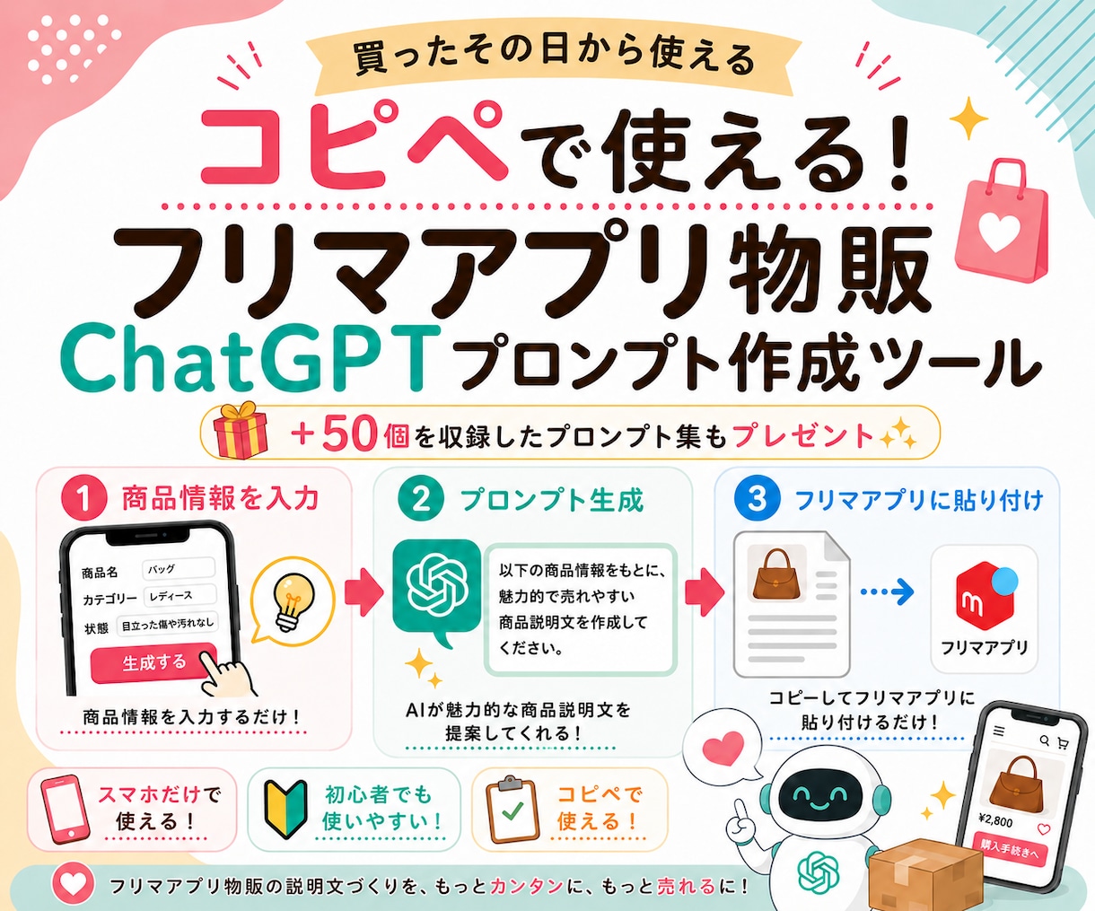 物販用ChatGPTプロンプト作成ツール提供します フリマ物販で使える50プロンプト集も豪華特典でついてきます♡ イメージ1