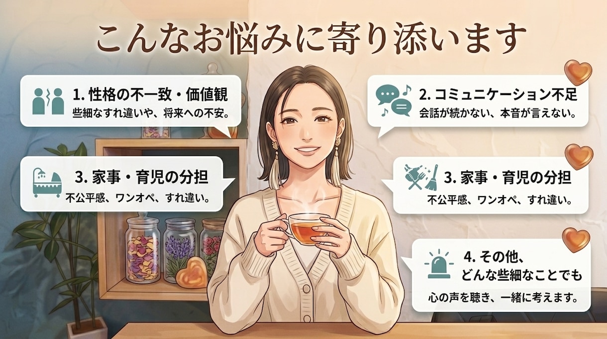 夫婦関係の悩みや修復のヒントを丁寧にお聞きします 結婚8年の経験から夫婦のお悩みに優しく寄り添います✨ イメージ2