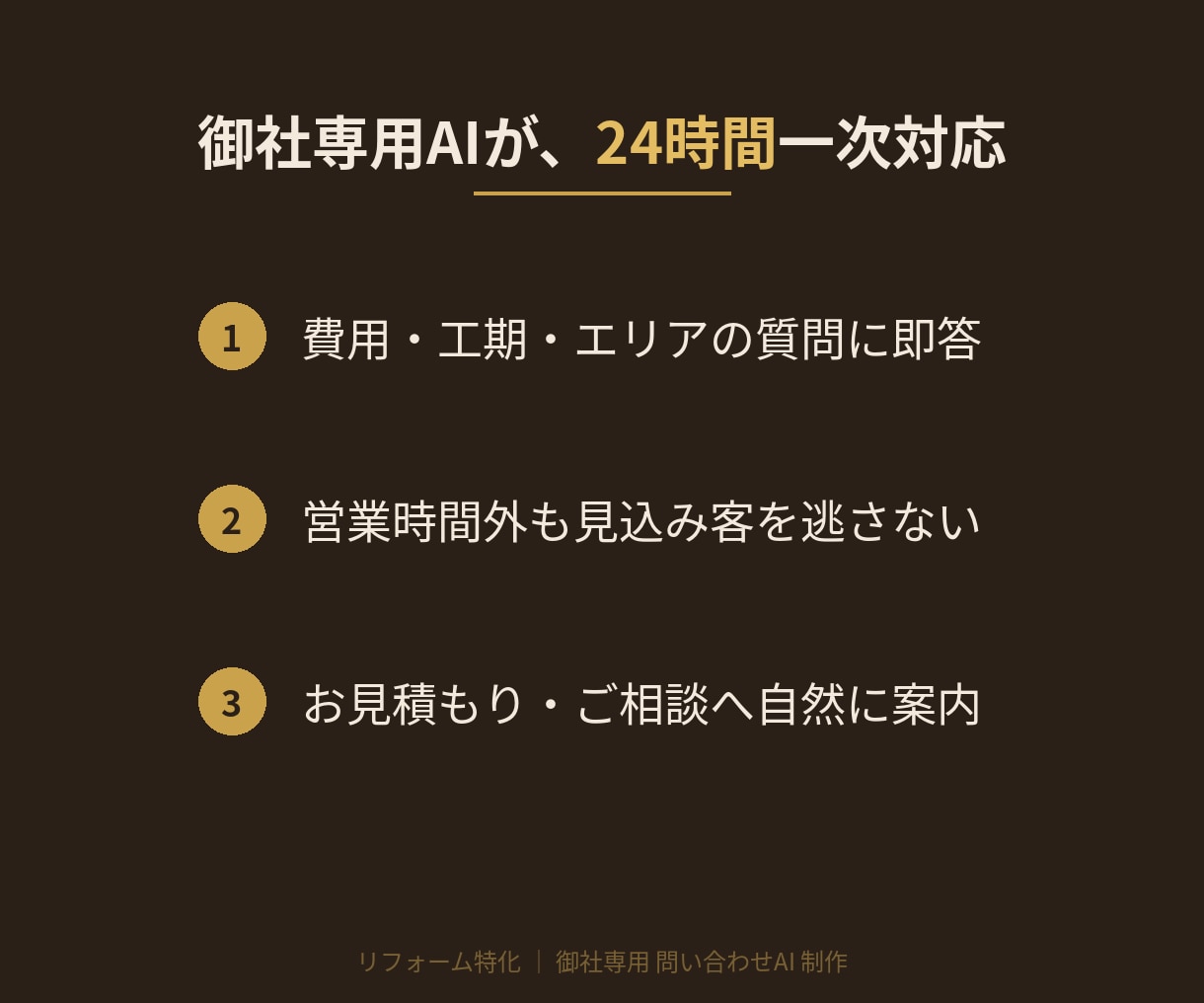 リフォーム会社専用の問い合わせAIを作ります 営業時間外の見込み客を、24時間AIが取りこぼしません イメージ3