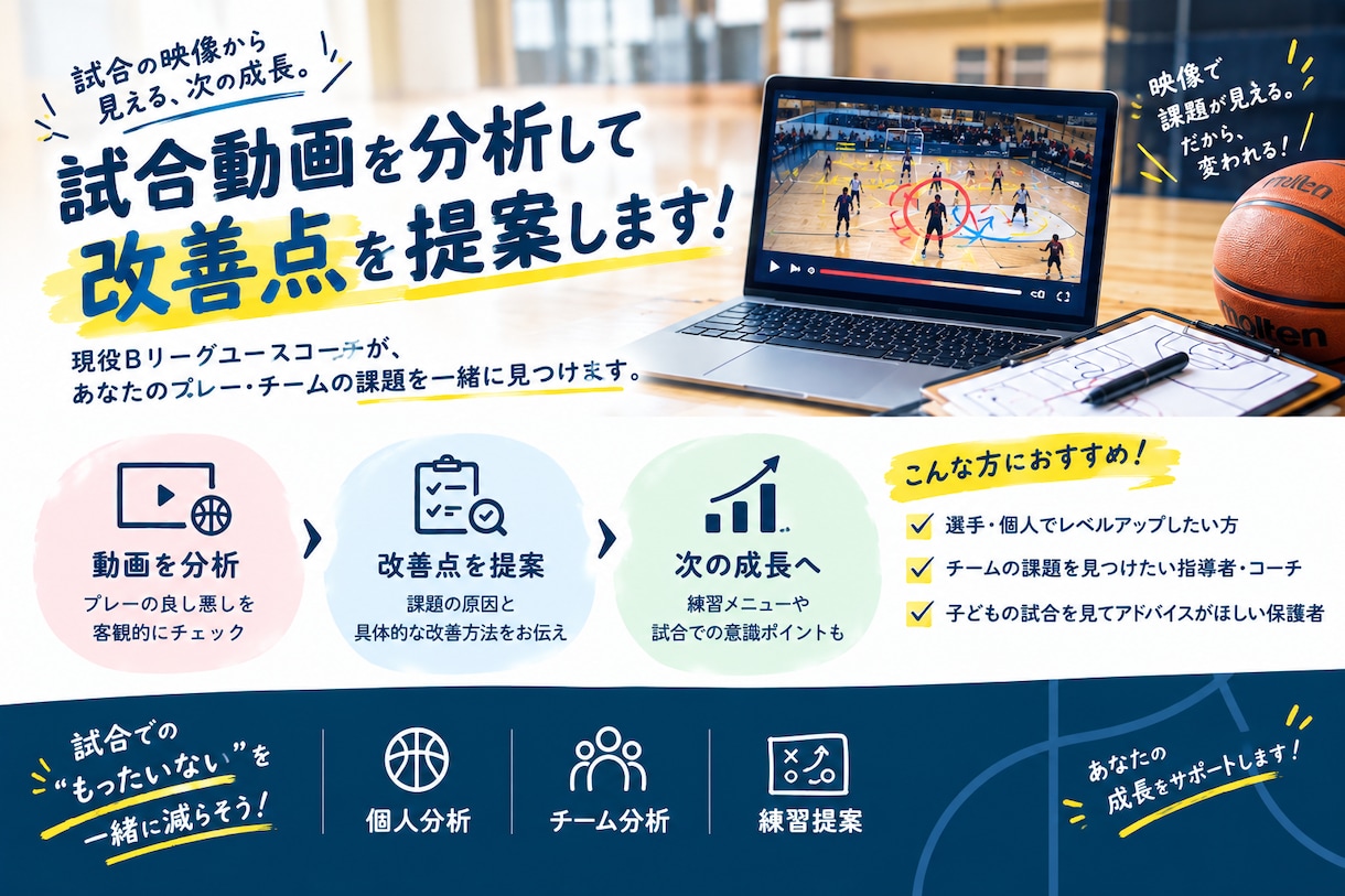 バスケの試合動画を分析して改善点を提案します コーチ・部活動の先生から保護者までどなたでもお待ちしてます！ イメージ1