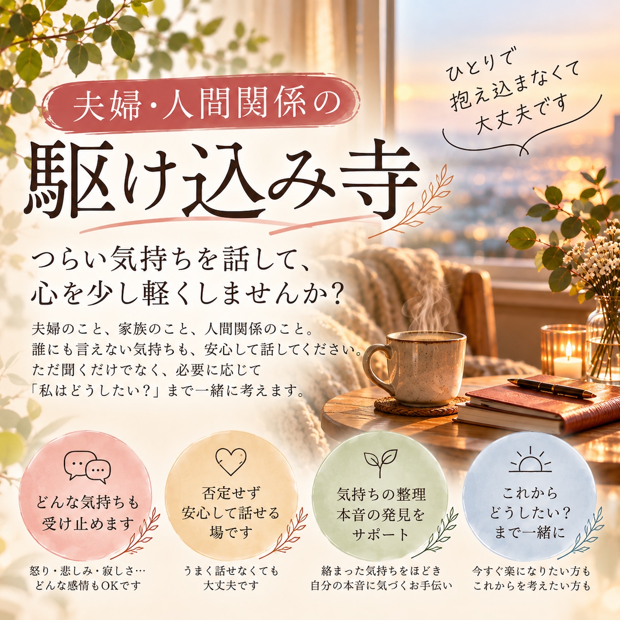 夫婦・人間関係のつらい気持ちを一緒に整理します 我慢しすぎてもう限界…誰にも言えない本音も受け止めます イメージ1