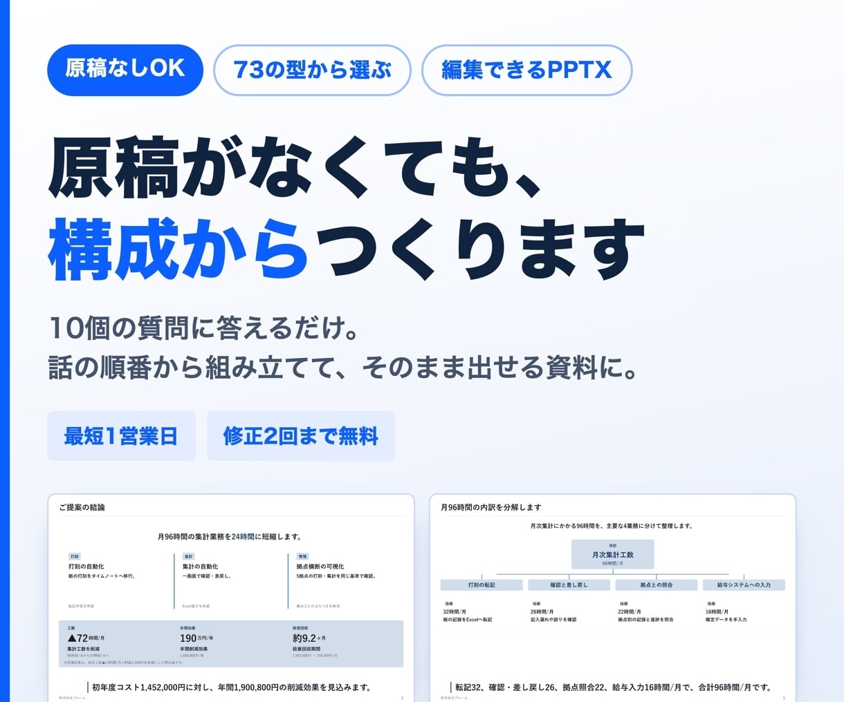 AIでパワポの営業資料・提案資料を作ります 73種の型で構成から｜最短1営業日で初稿をお届け イメージ1