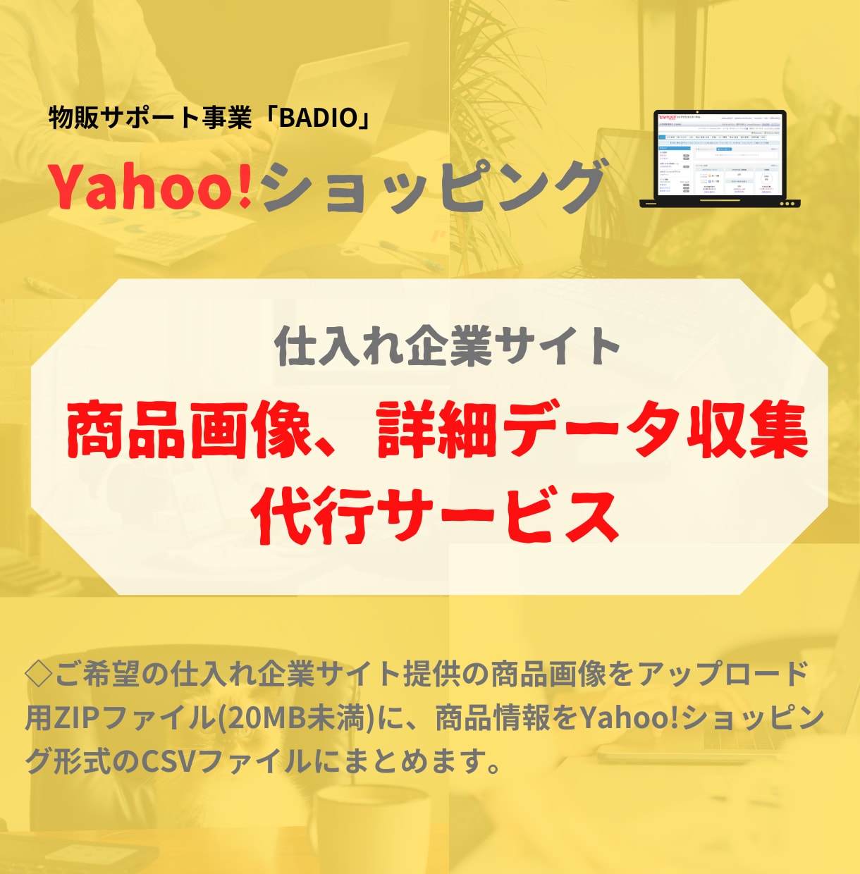 仕入れ企業サイトから商品情報、画像データ収集します ご希望の仕入れサイトから商品データをヤフショ形式で集めます！ イメージ1