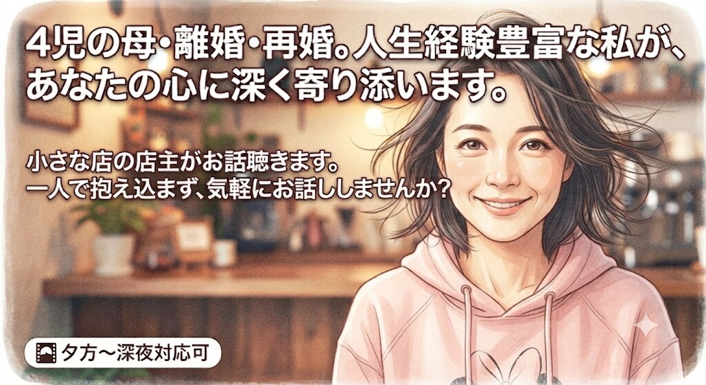 完全秘密厳守どんな愚痴も悩みも否定せずお聞きします 誰にも言えない秘密や日々の愚痴、心を込めてお聴きします。 イメージ1