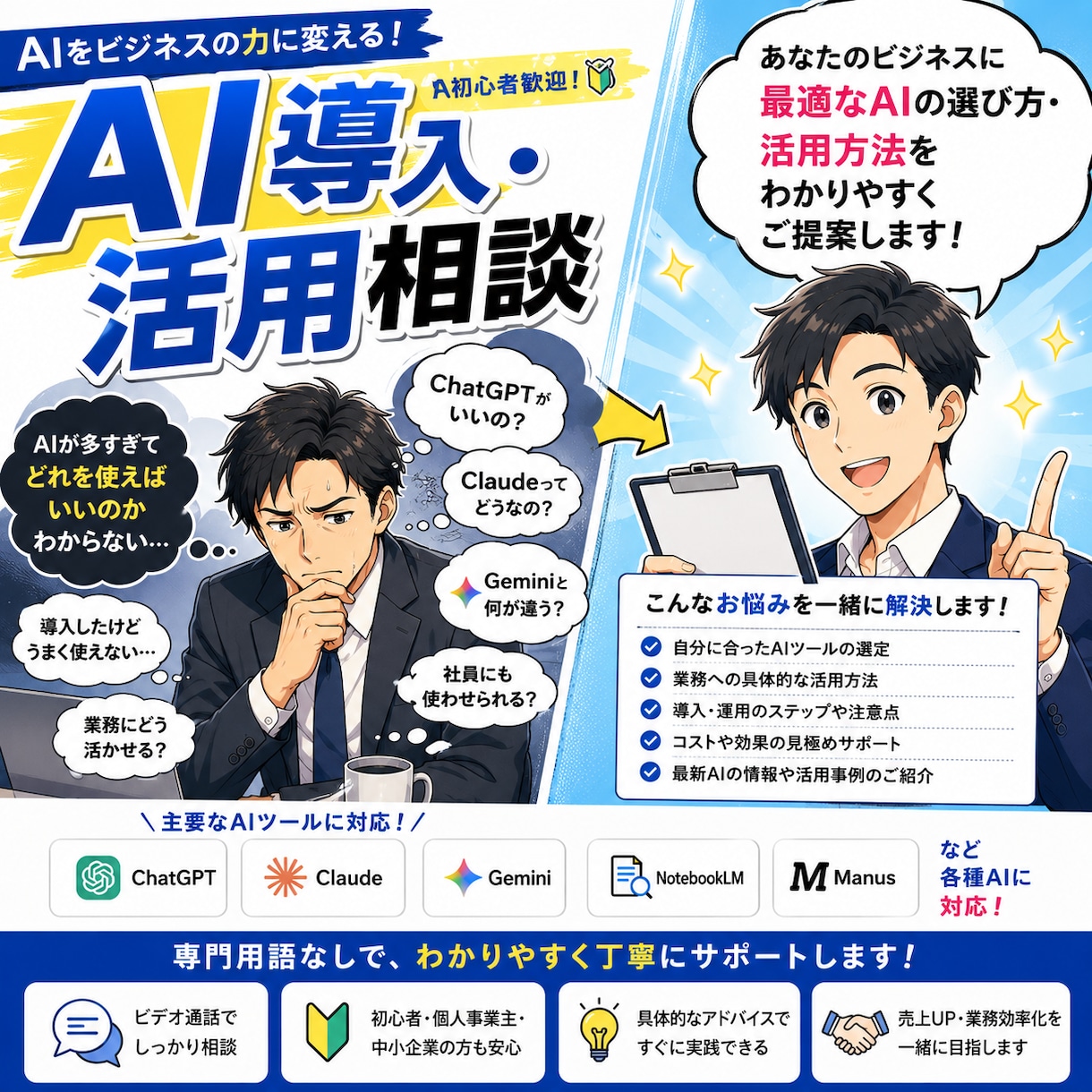 経営者向け　AI導入支援・活用のご相談します 最適なAIの選び方・活用方法をわかりやすくご提案いたします。 イメージ1