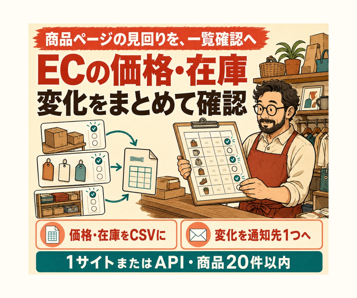 EC価格・在庫の監視ツールを作ります 許諾済み1サイト最大20商品を一覧化し変化を通知 イメージ1