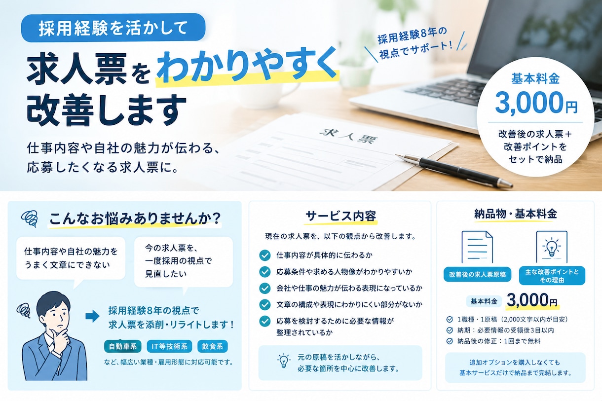 求人票の添削・リライト｜採用経験を活かし改善します 求人票をわかりやすく改善。改善ポイント付きで納品します。 イメージ2