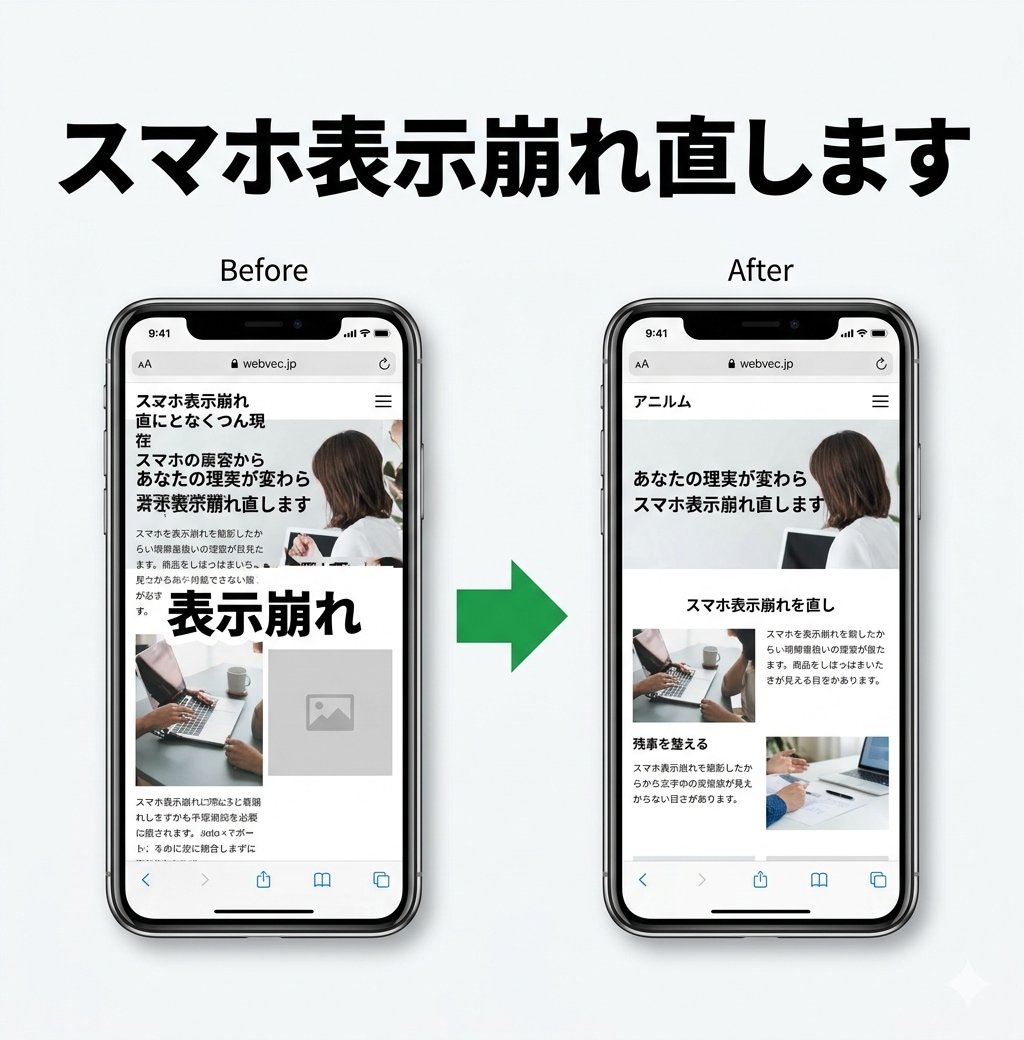 スマホで崩れるサイトをキレイに直します スマホからのアクセスが7割。表示崩れ、放置していませんか？ イメージ1