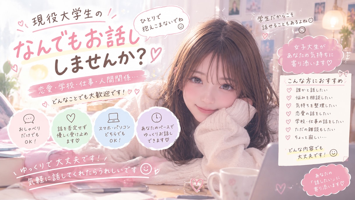 現役女子大生がなんでもお話聞きます どんな話でもOK！あなたの話を優しく受け止めます♡ イメージ1
