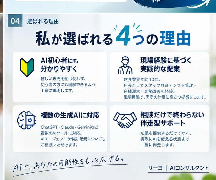 初心者向けに仕事で使えるAI活用を支援します AIを知るだけで終わらせず、仕事で使えるまで伴走します イメージ4