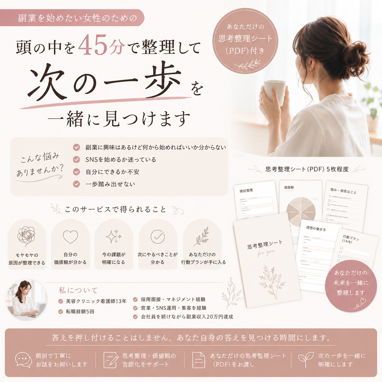 会社員女性向け｜副業を始める前の思考整理をします 頭の中を一緒に整理して、本当にやりたいことを探しませんか？ イメージ1