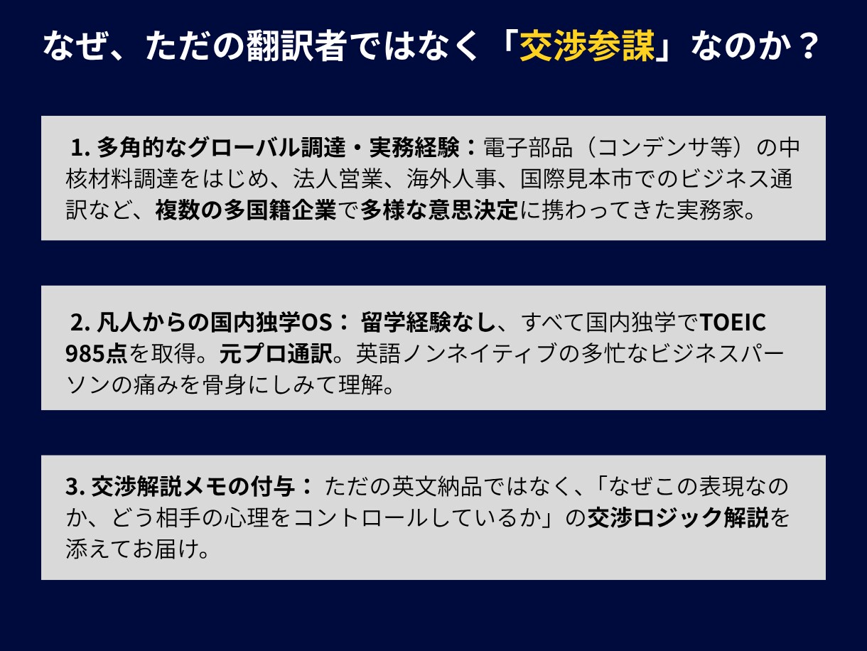 海外交渉メールを元プロ通訳の参謀が即日作成します 翻訳AIにはできない、YESを導く実戦交渉メールを作成します イメージ4