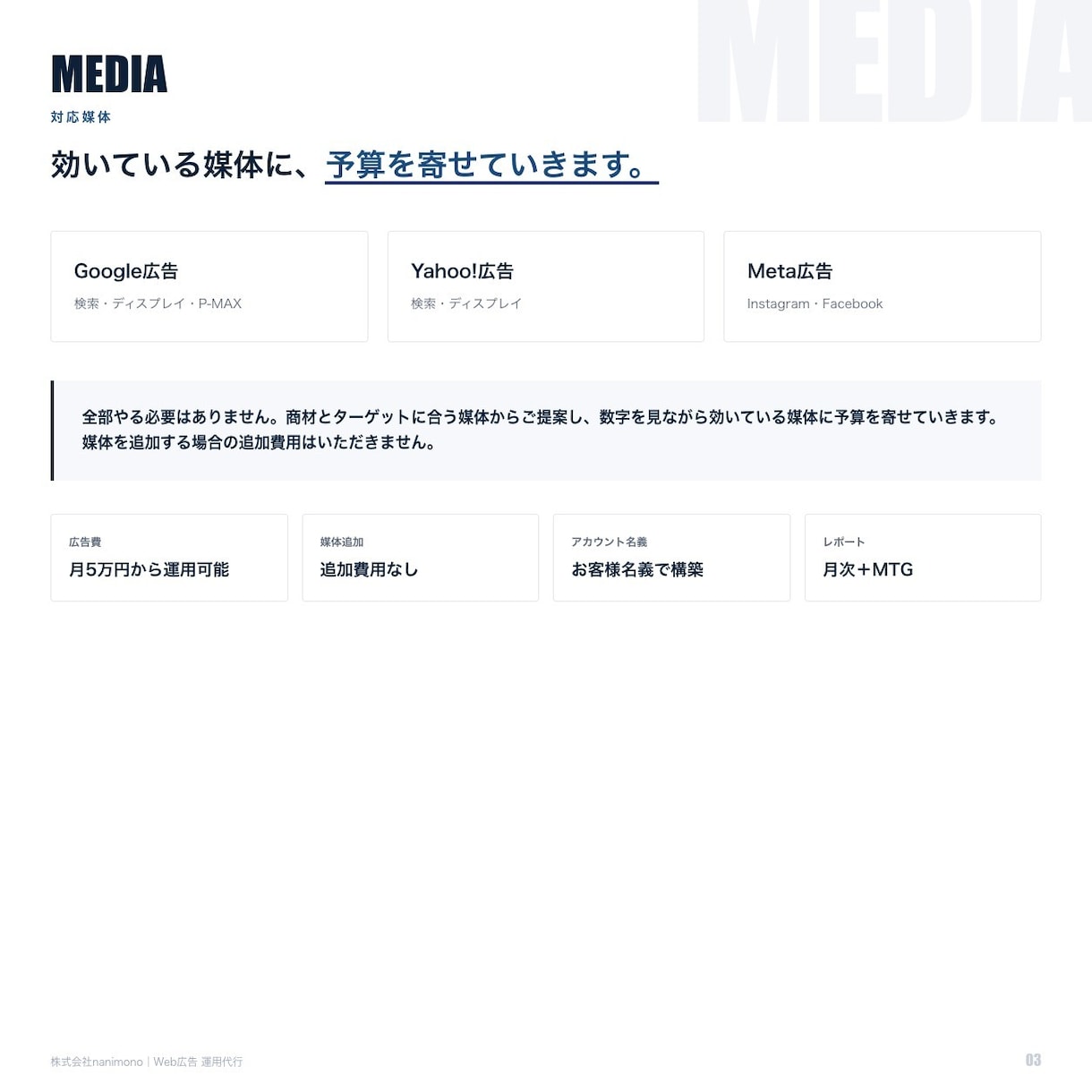 Web広告の運用を毎月代行します 数字を見て打ち手を決める／アカウントはお客様名義で構築 イメージ3