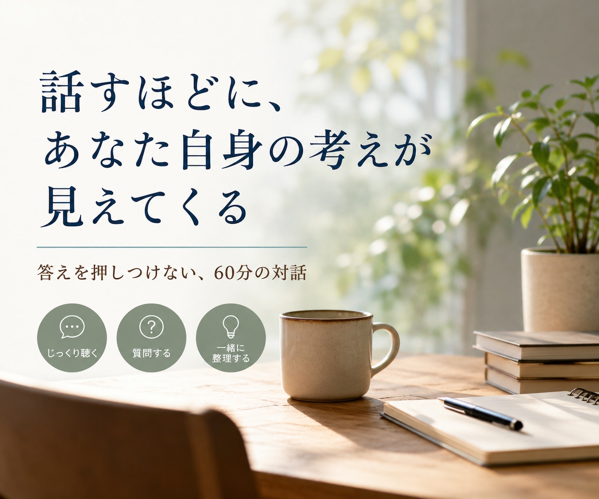 言葉にならない思いや考えを一緒に整理します 話すほどに、不思議とあなた自身の考えが見えてきます イメージ1