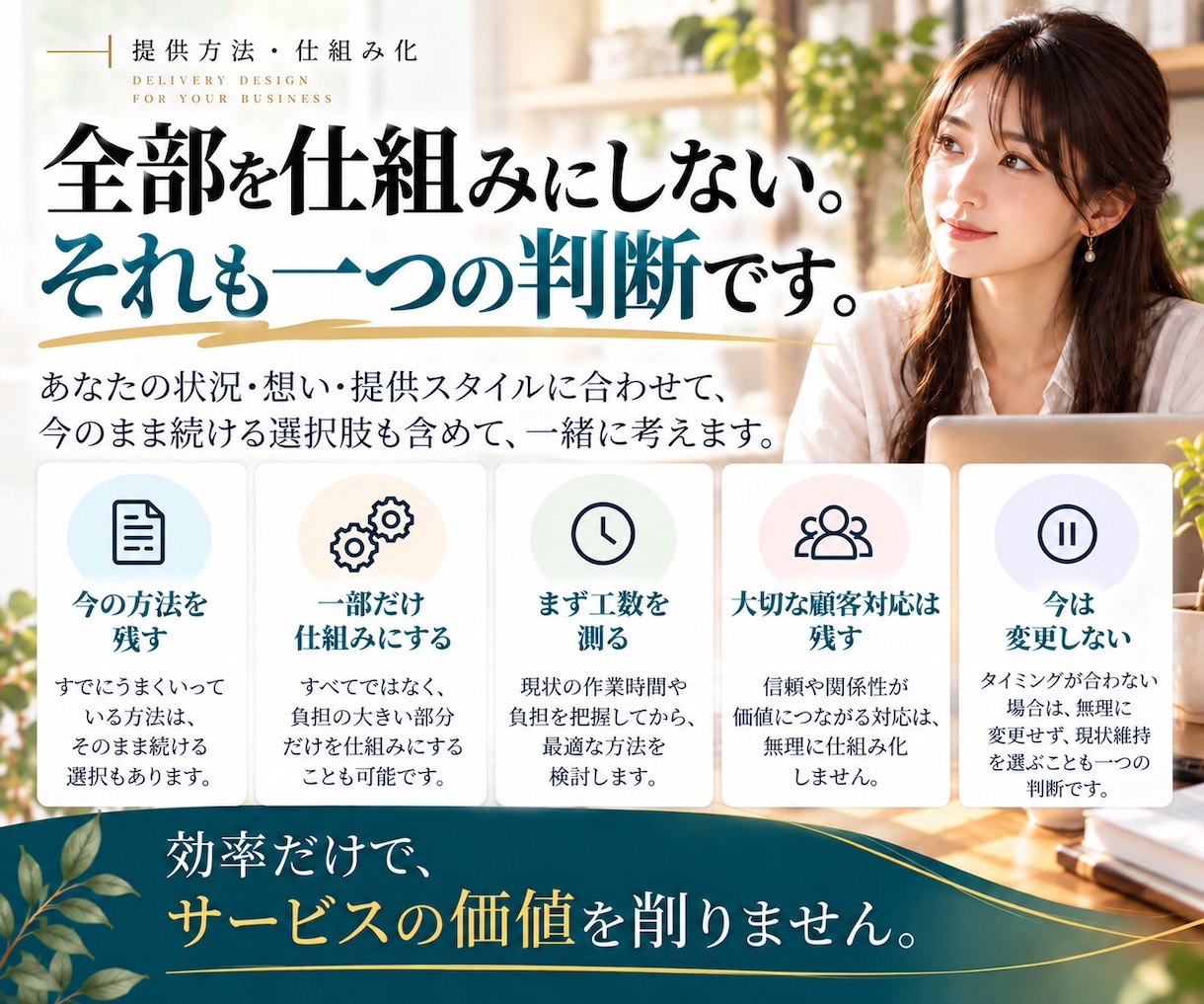 女性起業家の提供業務の仕組み化を設計します 売れた後の仕事を、残す・減らす・仕組みに分ける イメージ7