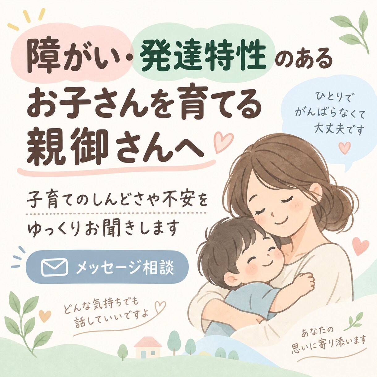 障がい・発達特性・難病　親御さんのお話を聞きます 子育てのしんどさや不安をゆっくりお聞きします。 イメージ1