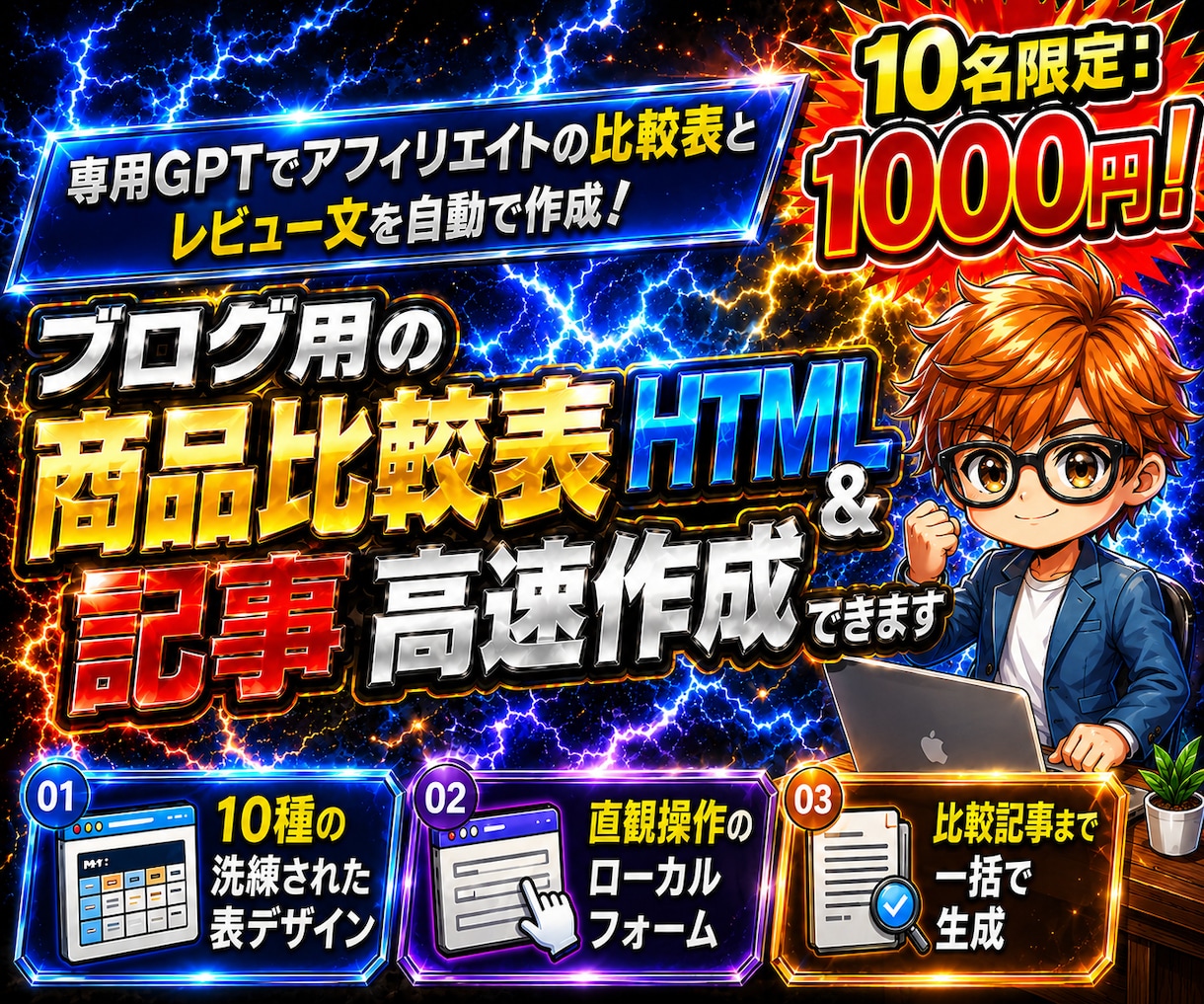 ブログ用の商品比較表HTML＆記事高速作成できます 専用GPTでアフィリエイトの比較表とレビュー文を自動で作成！ イメージ1
